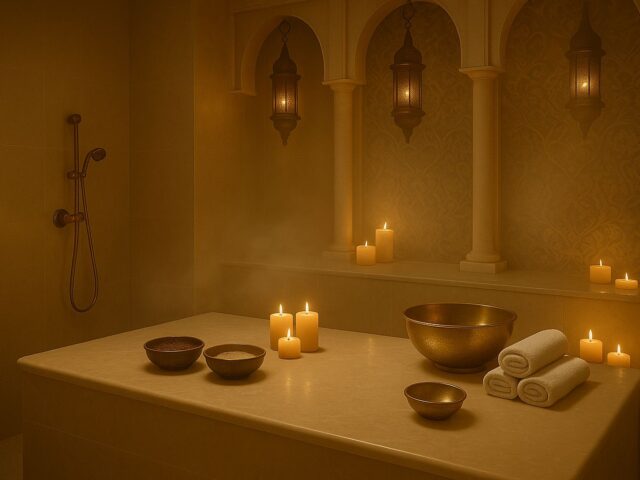 Luxury Moroccan Hammam spa room at Villa 8 Ladies Salon & Spa in Jumeirah 3, Dubai, featuring marble interiors, golden lanterns, candles, and steam creating a serene, private wellness atmosphere.