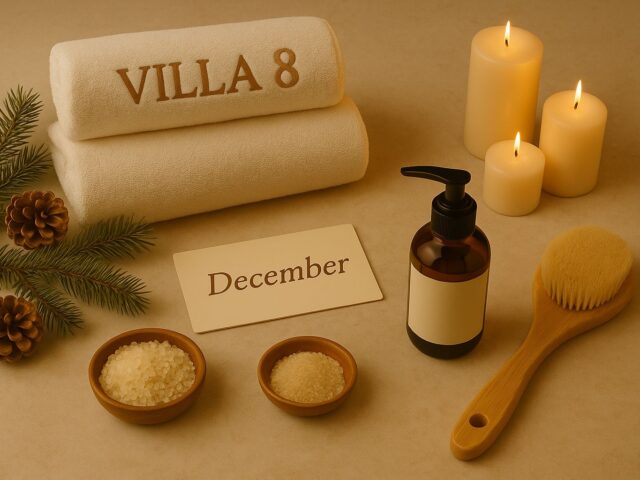 Festive spa flatlay at Villa 8 Ladies Salon & Spa in Jumeirah, Dubai, featuring pine branches, wooden wellness tools, a candle, rolled towels, massage oil, and holiday accents arranged in a warm, elegant setting