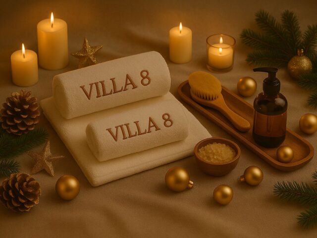 Festive spa flatlay at Villa 8 Ladies Salon & Spa in Jumeirah, Dubai, featuring embroidered Villa 8 towels, pine branches, candles, golden ornaments, a wooden brush, massage oil, and a bowl of salts arranged in a warm holiday setting.