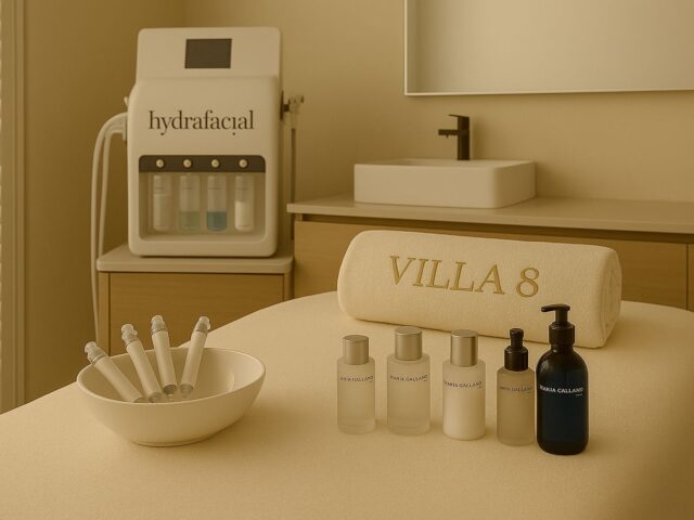 HydraFacial treatment setup at Villa 8 Ladies Salon & Spa in Jumeirah, Dubai, featuring a professional facial device, hydra tips, a Villa 8 towel pillow, and a clean clinical-style workspace in soft neutral tones