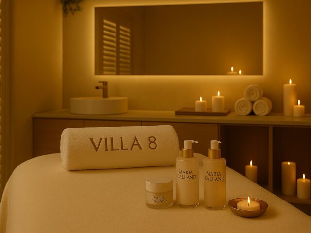 Luxury facial setup at Villa 8 Ladies Salon & Spa in Jumeirah, Dubai, featuring Maria Galland Paris skincare bottles, a towel pillow embroidered with ‘Villa 8,’ soft candlelight, and elegant beige and gold spa décor