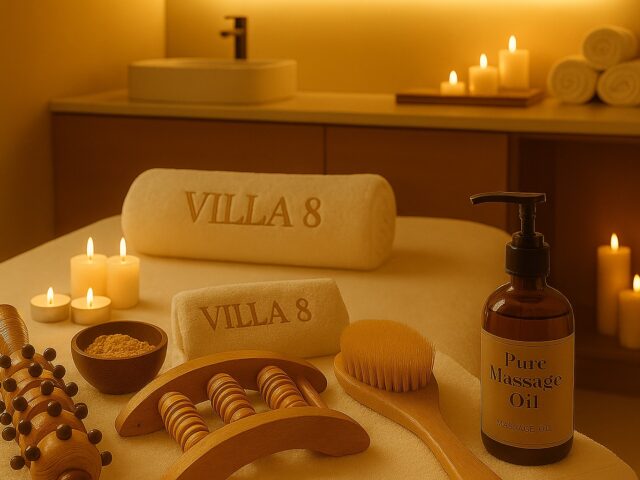 Luxury maderotherapy massage setup at Villa 8 Ladies Salon & Spa in Jumeirah, Dubai. A serene spa room featuring wooden massage tools, rolled Villa 8 towels, candles, and warm golden lighting creating a calm and elegant atmosphere.