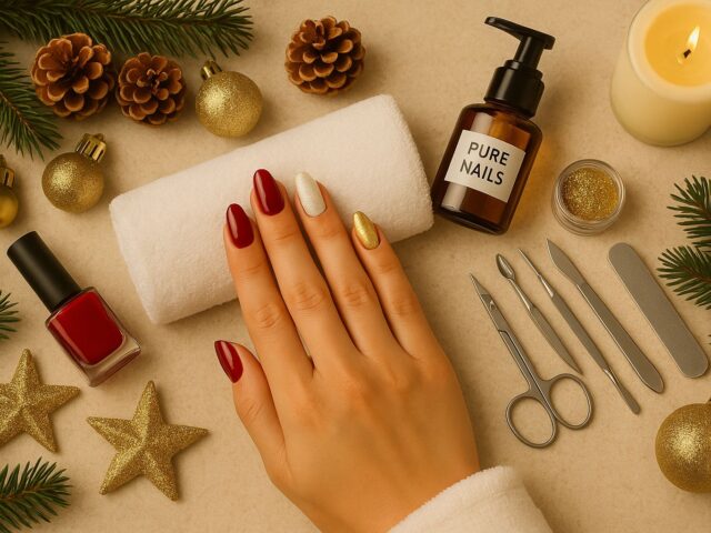 Festive holiday manicure with deep red and gold chrome nails displayed on a feminine hand, surrounded by nail tools, pine branches, gold ornaments, and candlelight in a luxury spa setting at Villa 8 in Jumeirah, Dubai.