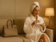 Well-dressed woman relaxing in a luxury salon lounge at Villa 8 Ladies Salon & Spa in Jumeirah, Dubai, wearing a plush robe and enjoying tea in a calm, private setting with soft lighting and neutral tones
