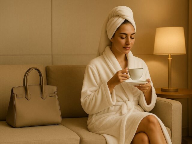 Well-dressed woman relaxing in a luxury salon lounge at Villa 8 Ladies Salon & Spa in Jumeirah, Dubai, wearing a plush robe and enjoying tea in a calm, private setting with soft lighting and neutral tones