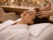 Woman receiving a relaxing scalp massage at Villa 8 Ladies Salon & Spa in Dubai, lying on a treatment bed with white towels and soft golden salon lighting.