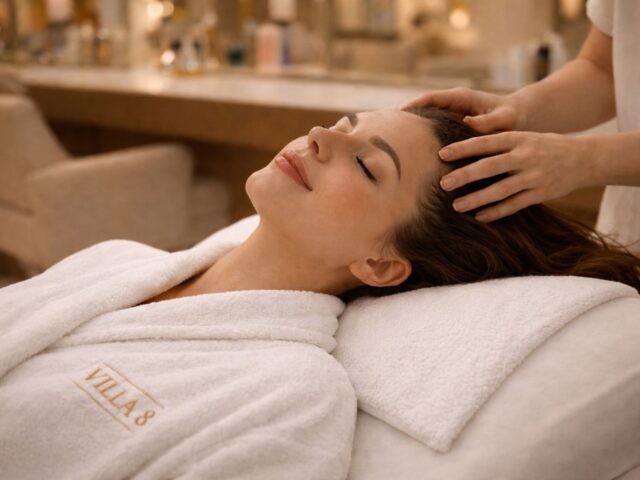 Woman receiving a relaxing scalp massage at Villa 8 Ladies Salon & Spa in Dubai, lying on a treatment bed with white towels and soft golden salon lighting.