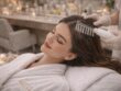 Close-up of a professional anti-dandruff scalp treatment being performed with a therapeutic comb brush at Villa 8 Ladies Salon & Spa in Jumeirah, Dubai