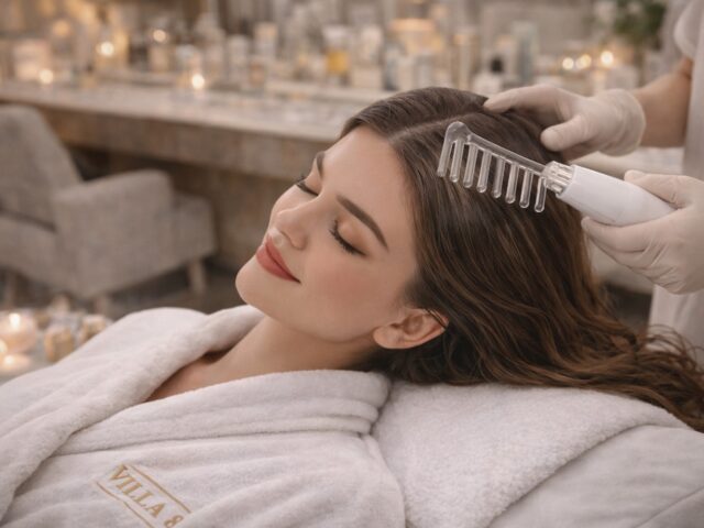Close-up of a professional anti-dandruff scalp treatment being performed with a therapeutic comb brush at Villa 8 Ladies Salon & Spa in Jumeirah, Dubai