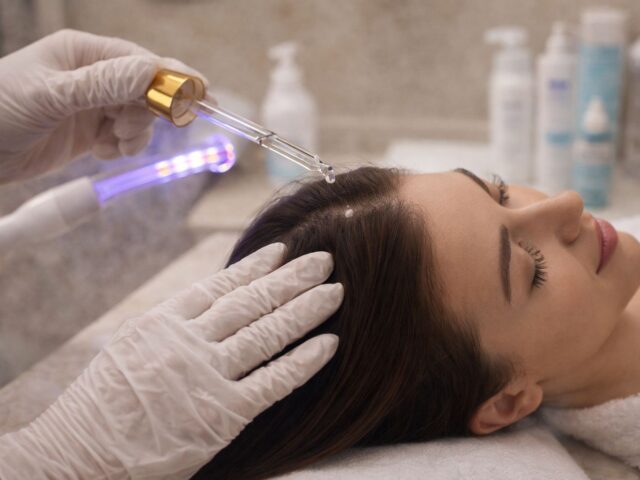 Professional anti-dandruff scalp treatment being performed at Villa 8 Ladies Salon & Spa in Jumeirah, showing a targeted scalp therapy in a clean, luxury salon setting.