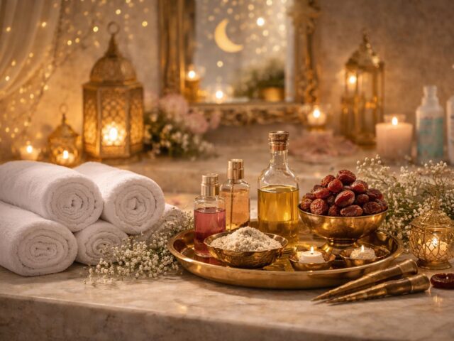 Ramadan spa setting at Villa 8 Ladies Salon & Spa in Jumeirah featuring Moroccan lanterns, white towels, dates, and warm candlelight in a luxury wellness environment.