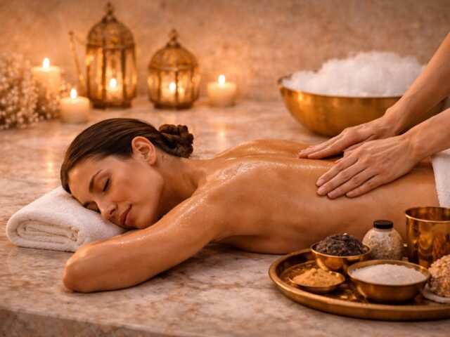 Woman receiving a relaxing back massage on a marble bed in a traditional Moroccan hammam with candles and spa elements at Villa 8 Ladies Salon and Spa Dubai.