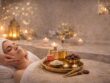 Woman relaxing during a luxury facial spa treatment surrounded by candles and traditional Ramadan decor at Villa 8 Ladies Salon & Spa Dubai.