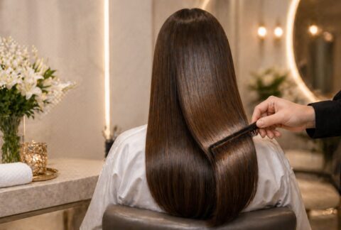 Smooth, glossy hair after a formaldehyde-free keratin treatment in a luxury salon at Villa 8 Ladies Salon and Spa in Jumeirah Dubai.
