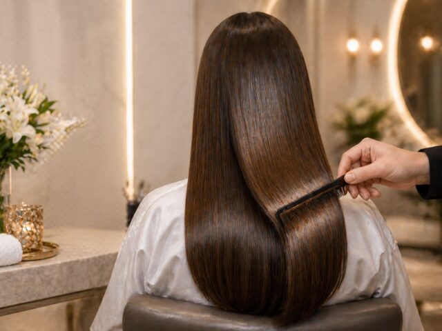 Smooth, glossy hair after a formaldehyde-free keratin treatment in a luxury salon at Villa 8 Ladies Salon and Spa in Jumeirah Dubai.