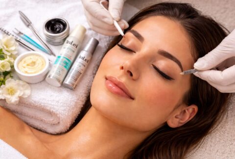 Woman receiving an InLei Italian lash lift and tint treatment with keratin lash filler at Villa 8 Ladies Salon and Spa in Jumeirah Dubai.