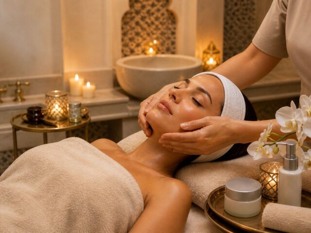 Woman enjoying a luxury facial treatment in a Moroccan hammam spa setting at Villa 8 Ladies Salon and Spa in Jumeirah Dubai.
